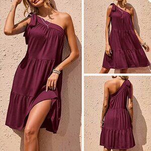 Kirundo One Shoulder Maroon Ruffled Summer Dress